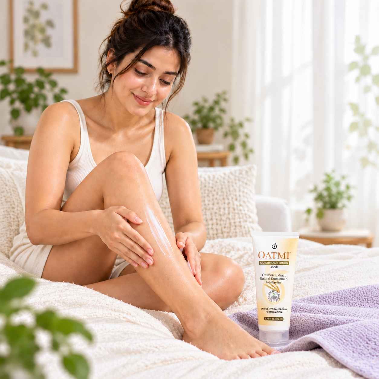 Woman applying moisturizer during an everyday body skincare routine