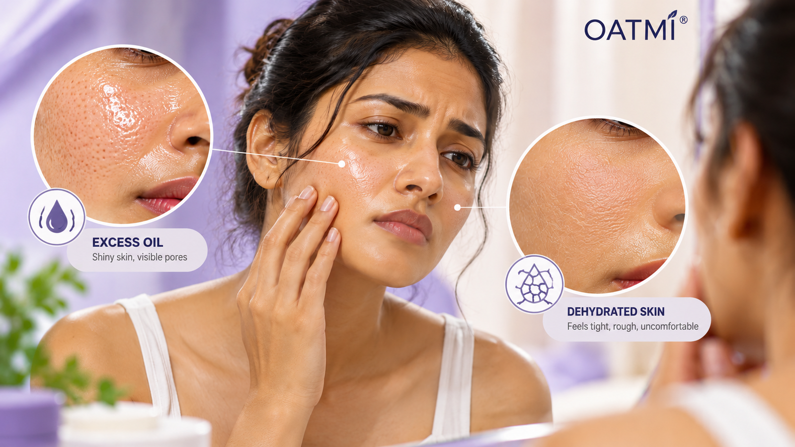 Indian woman comparing excess facial oil and dehydrated skin in an OATMI skincare editorial