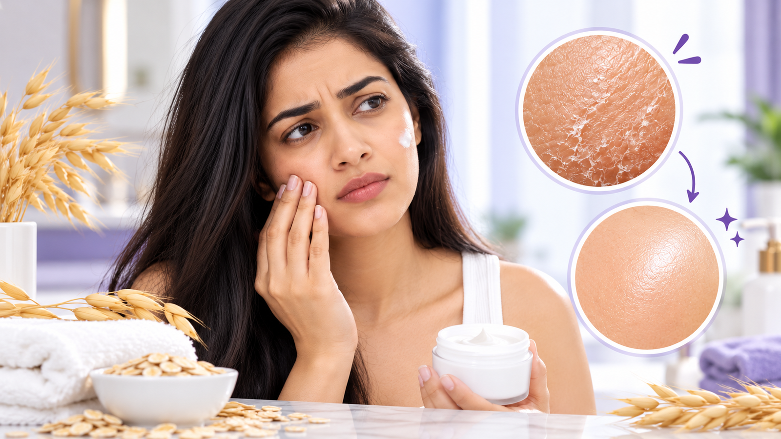 Indian woman experiencing dry skin despite applying moisturizer, with a visual comparison of dry and hydrated skin